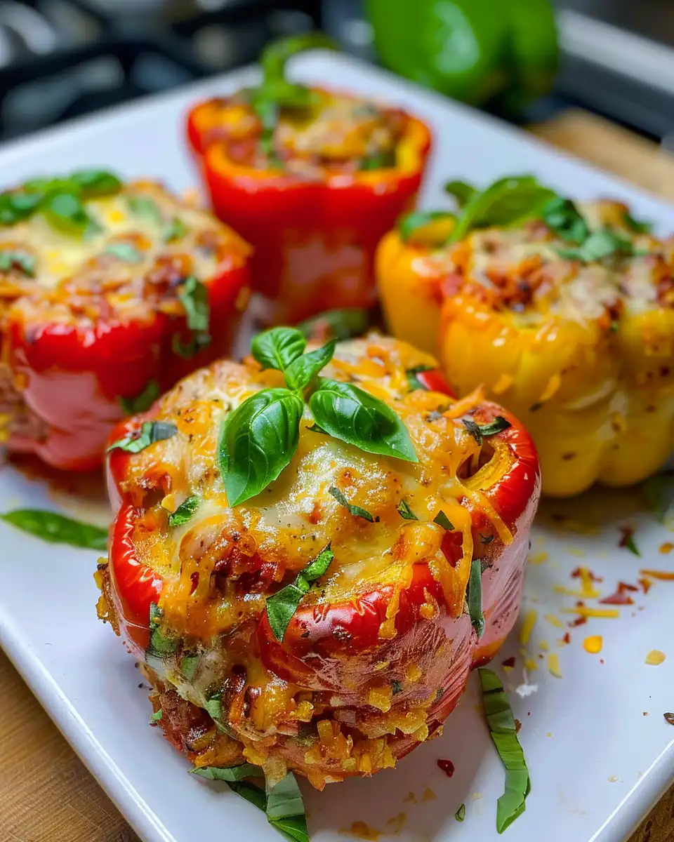 Close-up of the final cheesy stuffed peppers showing bubbling mozzarella and fresh basil