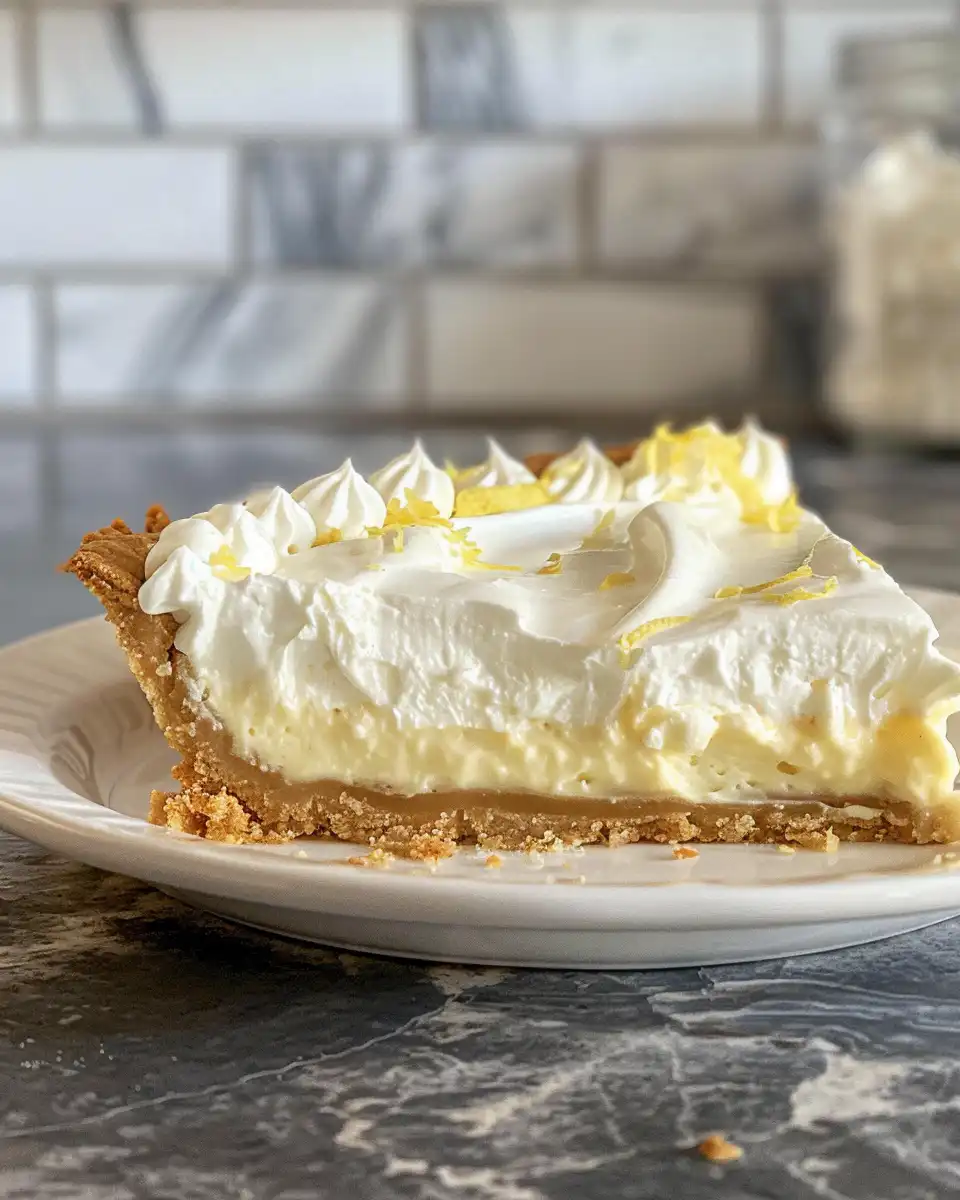 Close up of sliced lemon cream pie with whipped cream topping