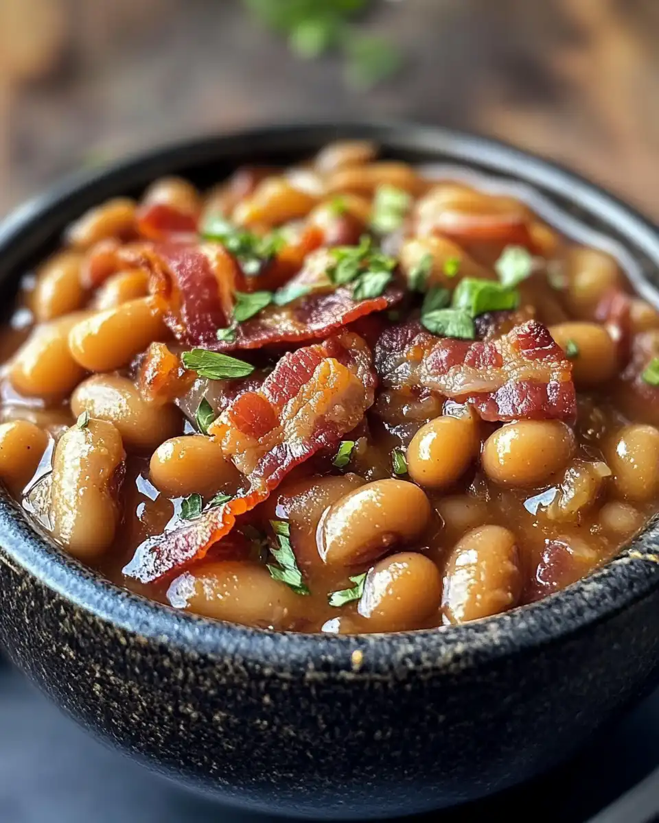 Southern baked beans with bacon freshly served in pot