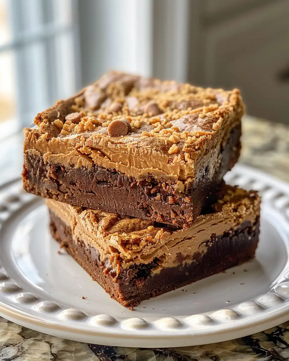 Close-up of finished cookie butter brownies on a plate