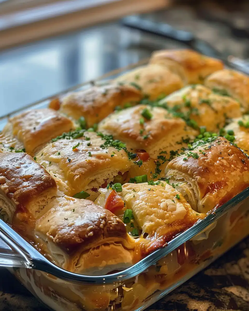 Golden baked biscuit and vegetable pot pie ready to serve
