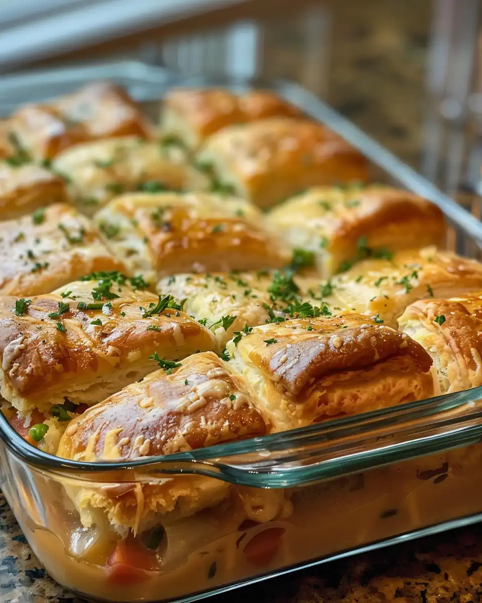 Buttery biscuit and vegetable pot pie just out of the pressure cooker, golden crust visible