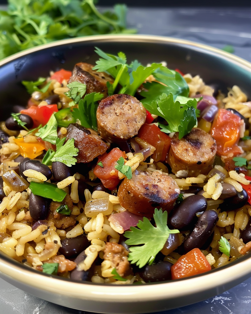 Ingredients for black beans and rice with sausage including sausage and greens