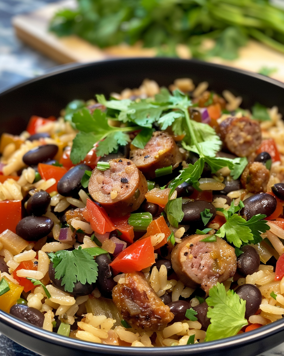 Plated black beans and rice with sausage garnished with green onions