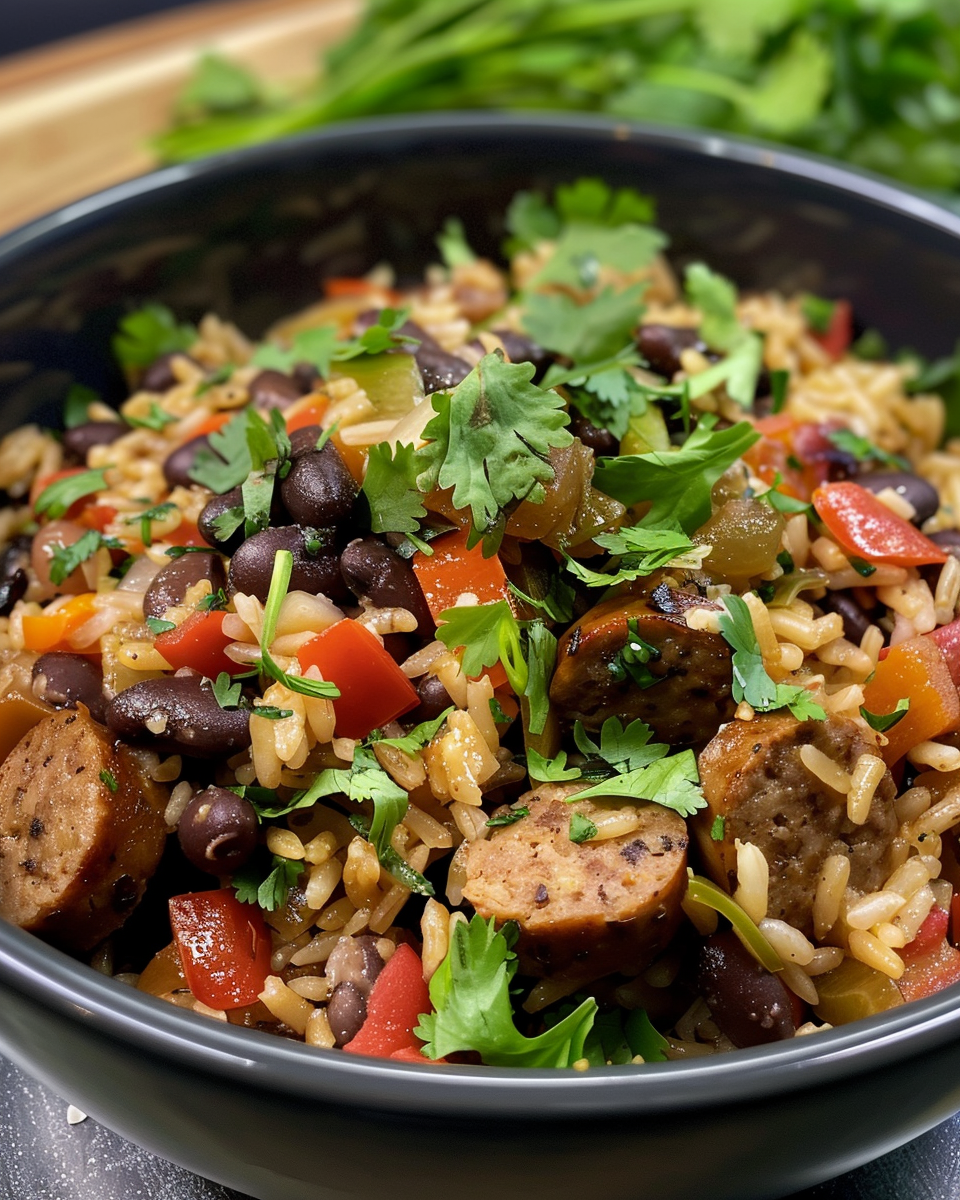 Pressure cooker black beans and rice with sausage cooking