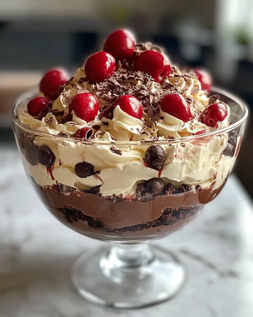 Assembled Black Forest Trifle with chocolate shavings on top chilled and ready to serve