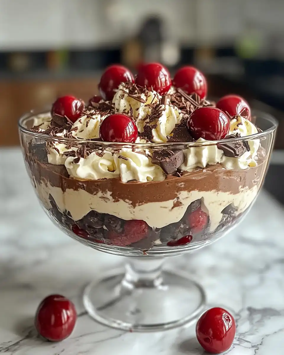 Black Forest Trifle layers of chocolate cake and cherry pie filling in a glass bowl