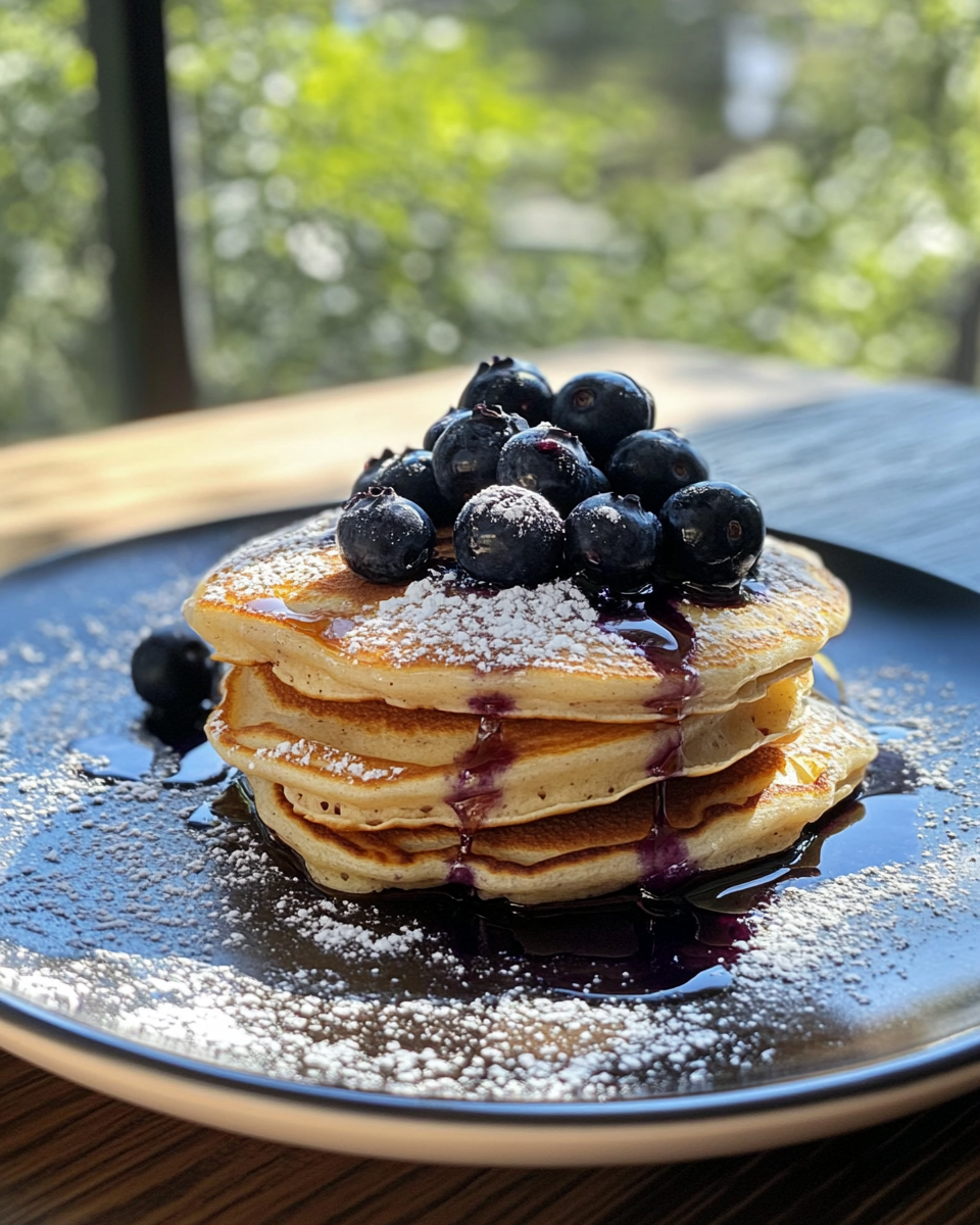 Close-up of blueberry pancakes with fresh blueberries