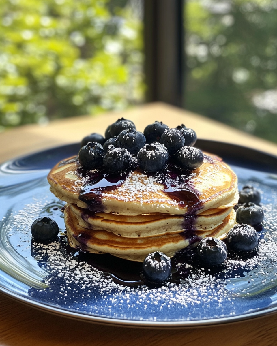 Final presentation of blueberry pancakes on a plate