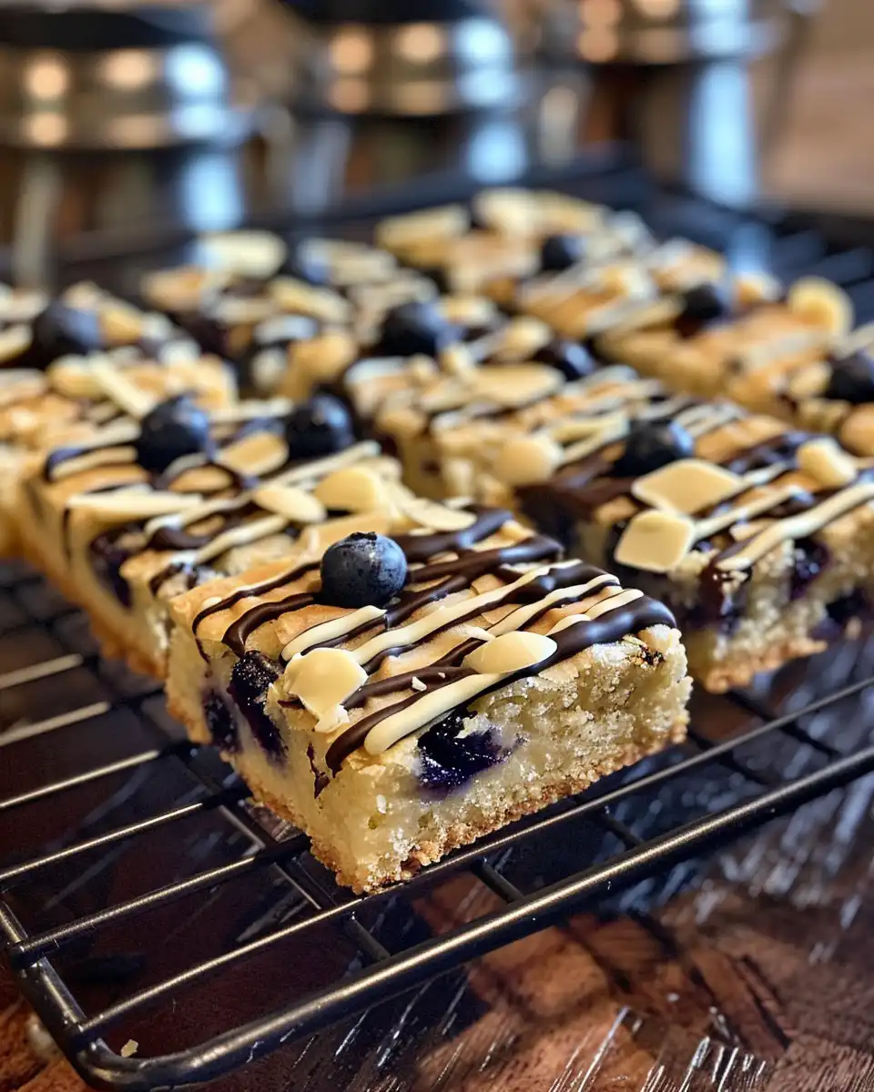 Close up of a square of blueberry white chocolate blondies showing texture and chocolate pockets