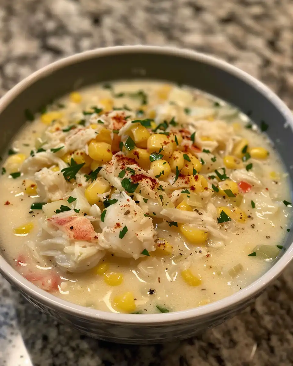 Serving crab and corn chowder garnished with herbs in bowl