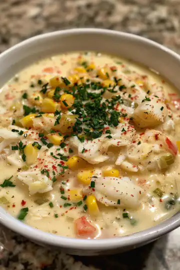 Bobby Flay’s Crab & Corn Chowder Recipe taken with iphone 15 pro max --iw 2 --ar 4:5 --v 6.0 --raw