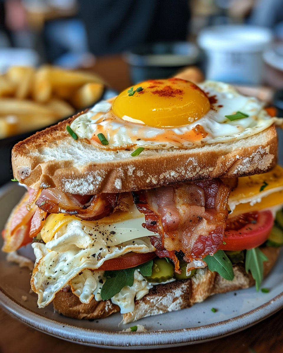 Ingredients laid out for breakfast club sandwich including bacon, eggs, mayonnaise, and vegetables
