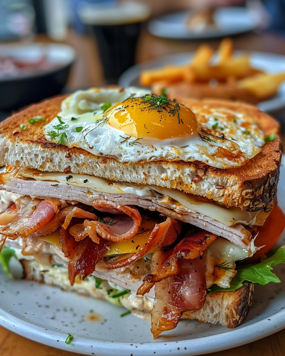 Plated breakfast club sandwich quarters ready to serve with toothpicks