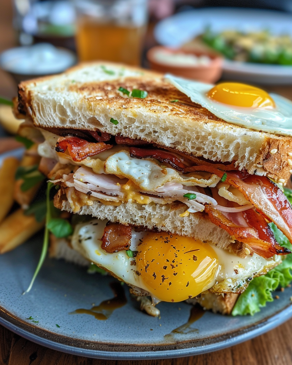 Delicious breakfast club sandwich steam rising from pressure cooker