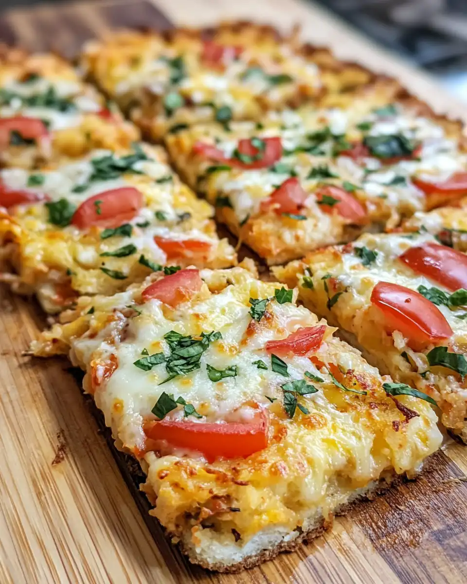 Freshly baked zucchini crust breakfast pizza topped with asparagus, cherry tomatoes, eggs, and parmesan