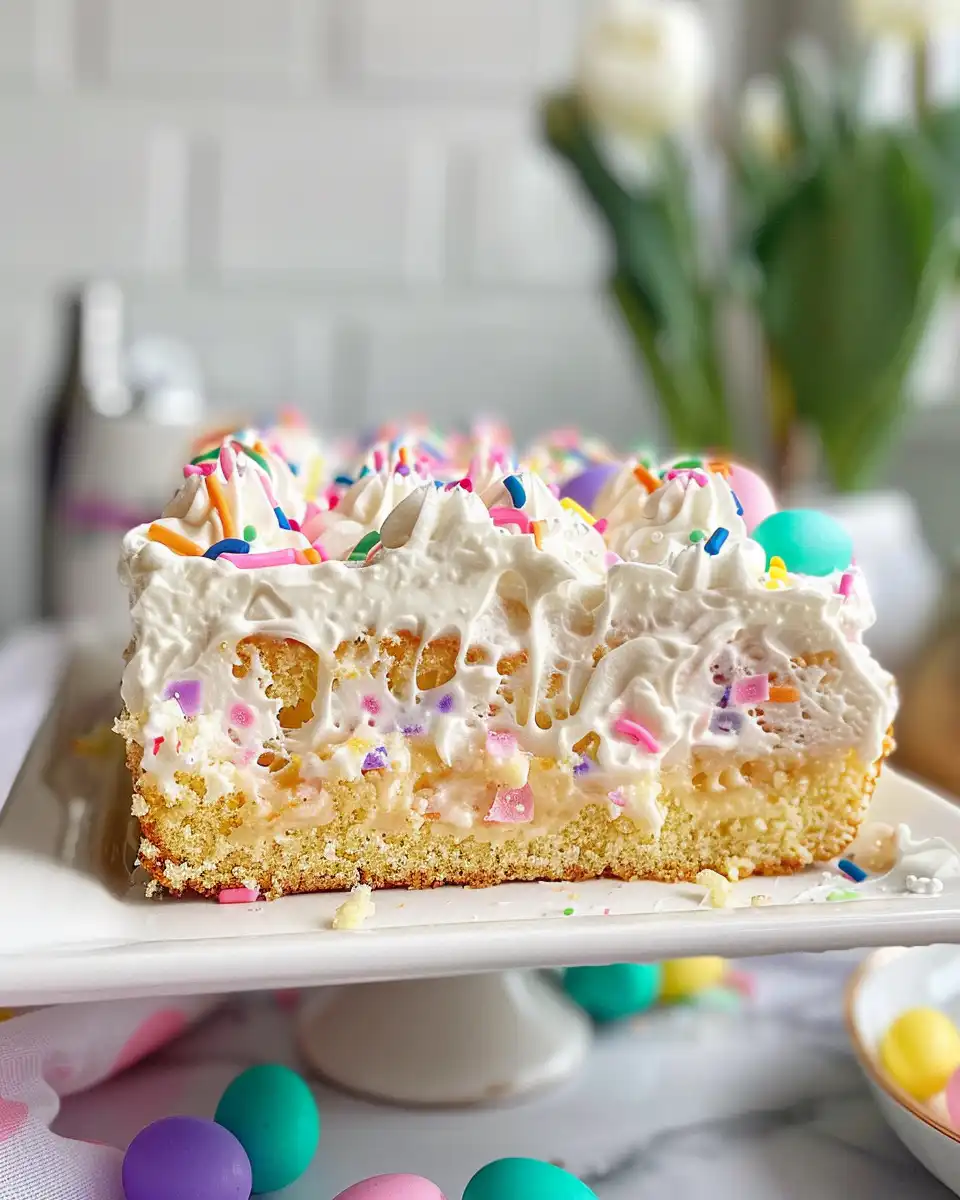 Ingredients including food coloring and whipped cream for Easter poke cake