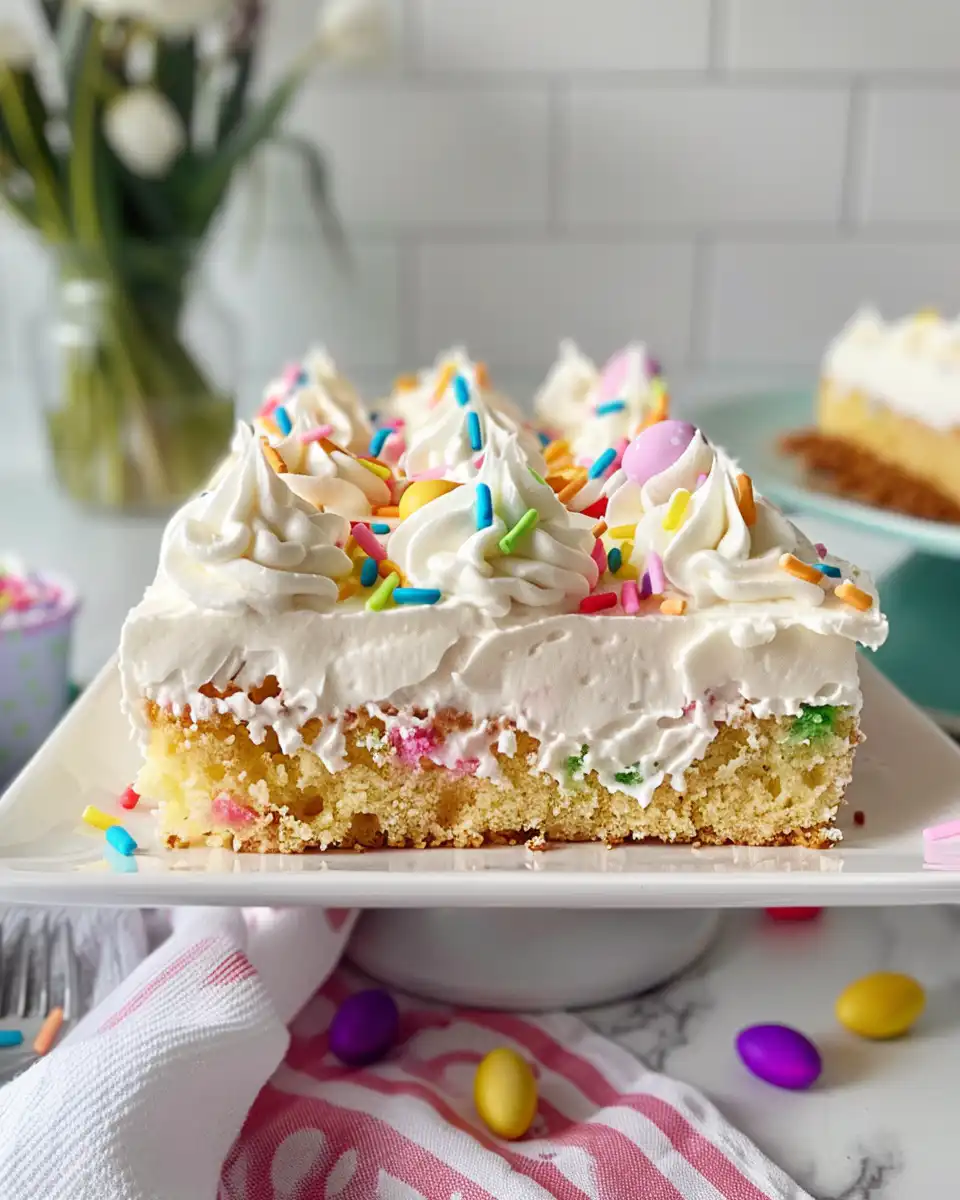 Finished pastel colored Easter poke cake on serving plate