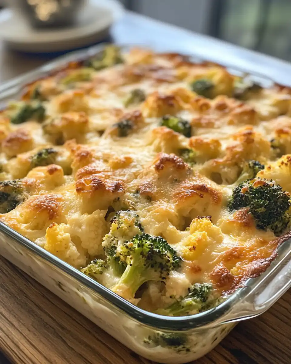Ingredients for broccoli cauliflower casserole in bowl