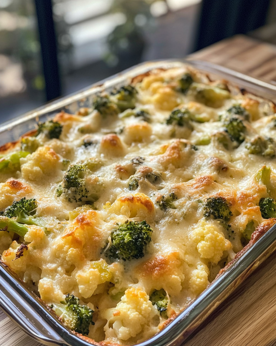Finished broccoli cauliflower casserole golden and bubbly fresh from oven