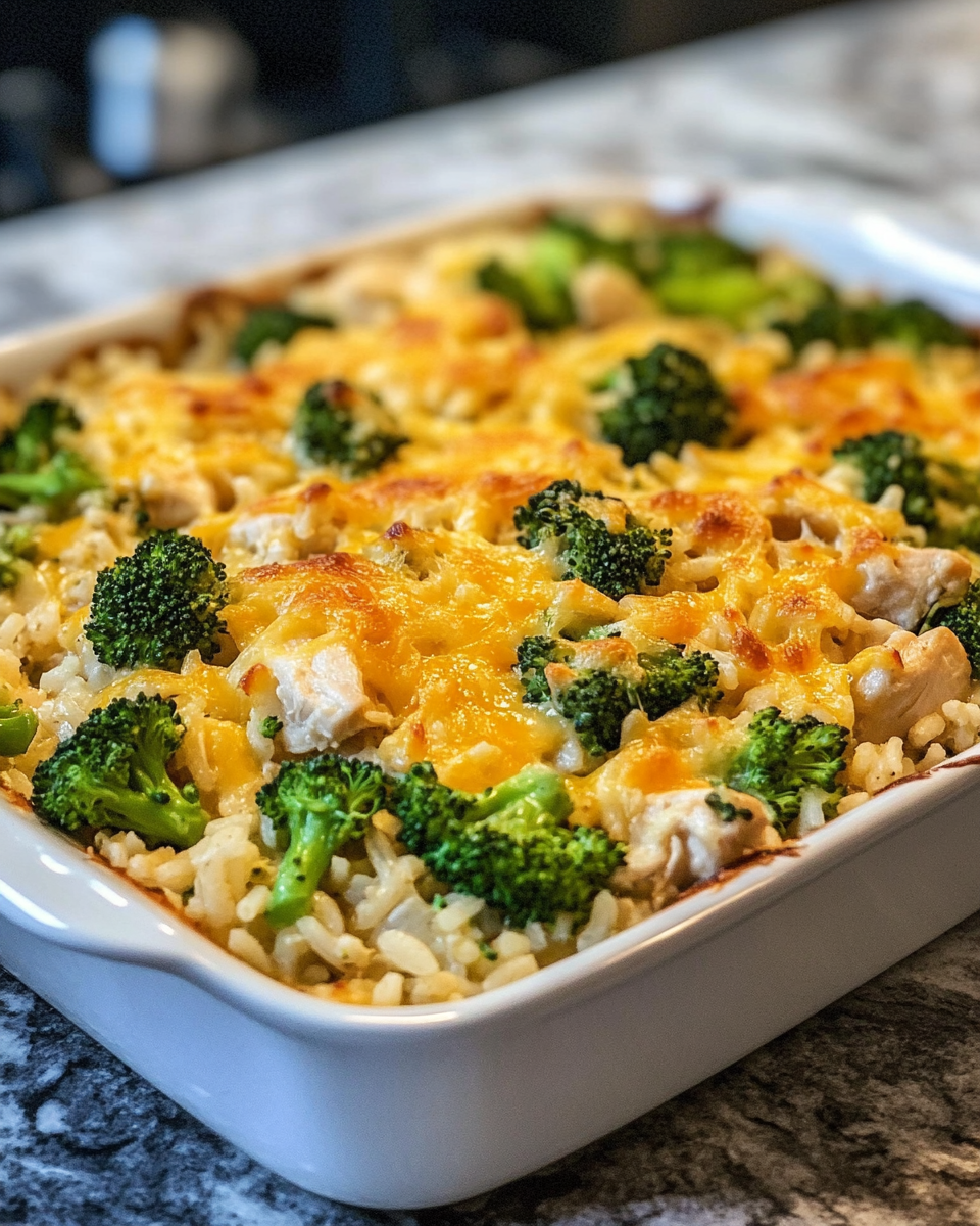 Golden baked Healthy Chicken Broccoli Rice Casserole served warm