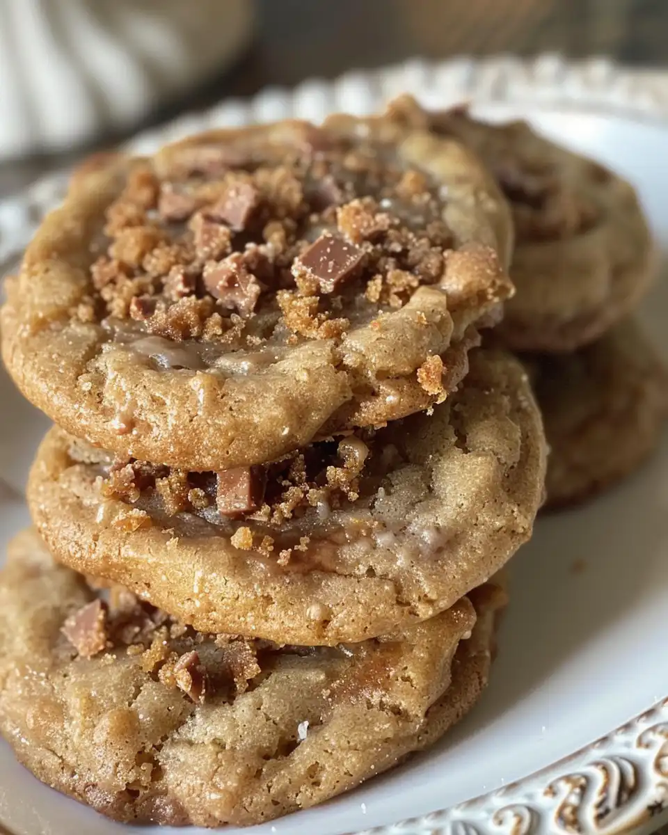 Baking brown butter coffee toffee cookies with toffee bits melting