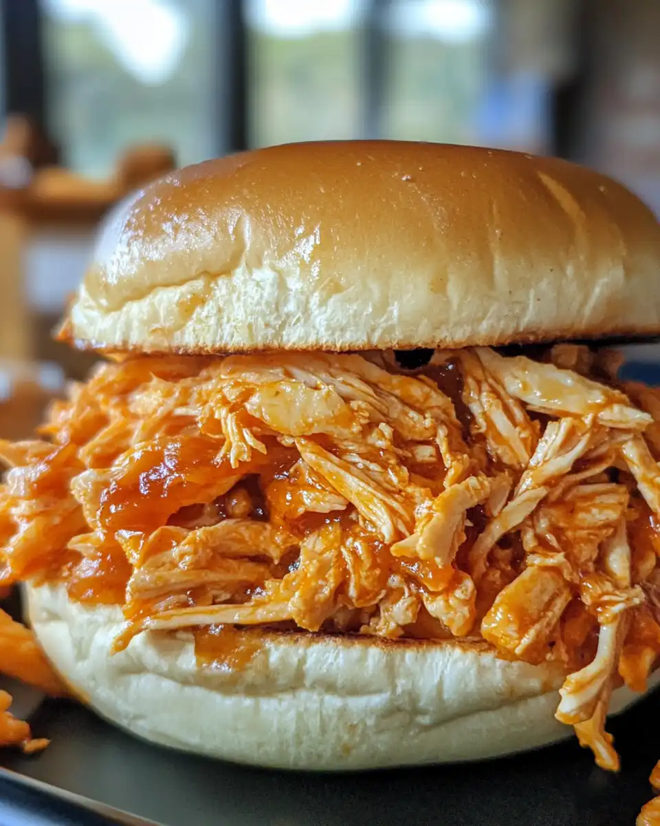 Finished shredded buffalo chicken served on a plate