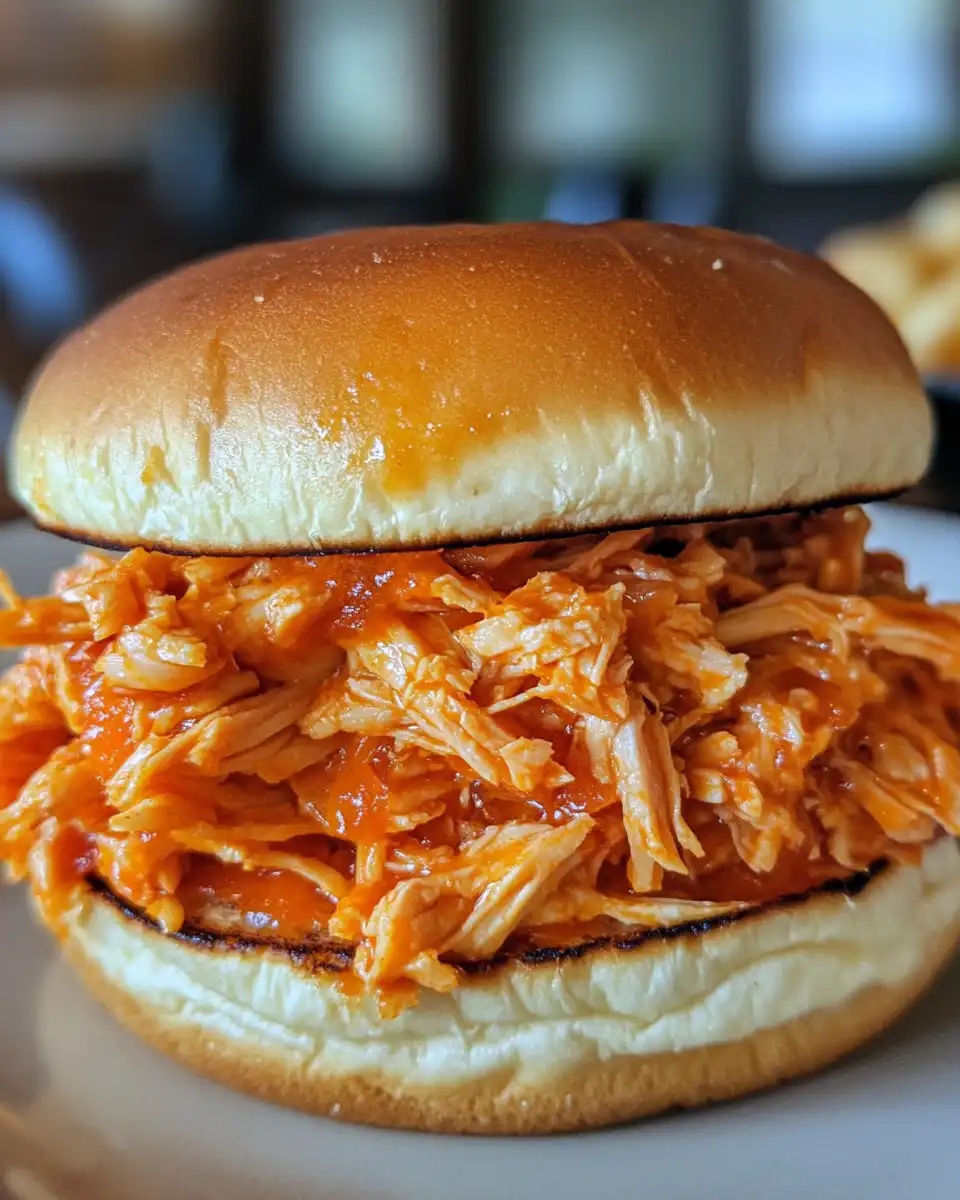 Close-up of shredded buffalo chicken