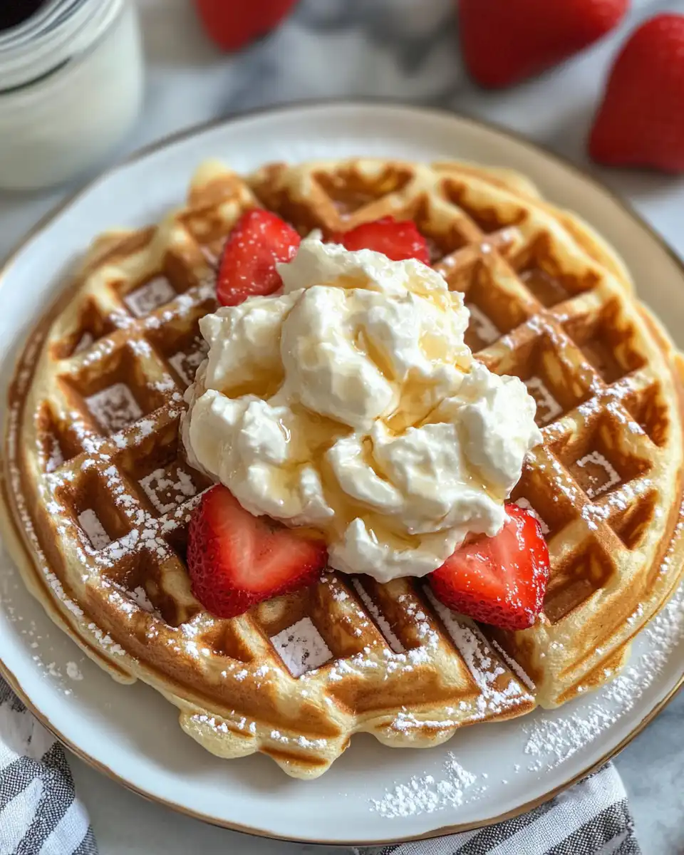 Close-up of golden waffles showing crispy edges