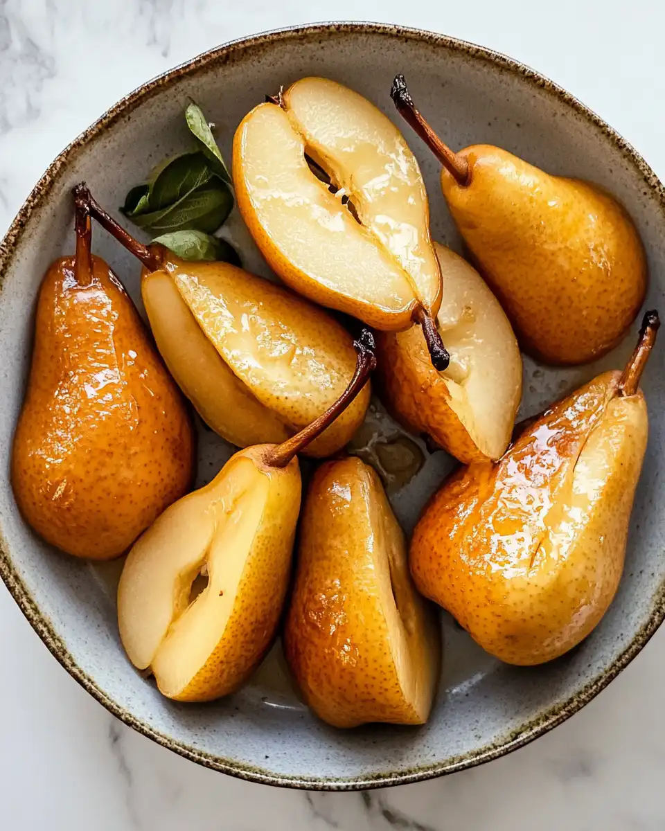Ingredients for baked pears including pears, butter, honey, vanilla, and walnuts