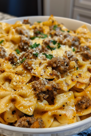 Cajun Cream Cheese Alfredo Bowties with Spiced Ground Beef taken with iphone 15 pro max --iw 2 --ar 4:5 --v 6.0 --raw