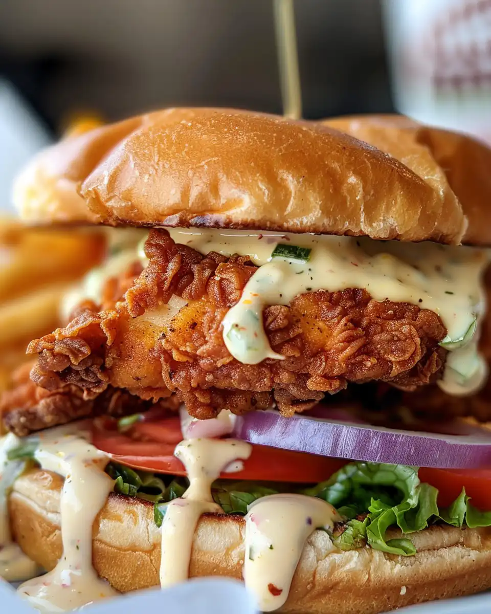 Final plated Cajun crispy chicken sandwich with fresh toppings ready to serve