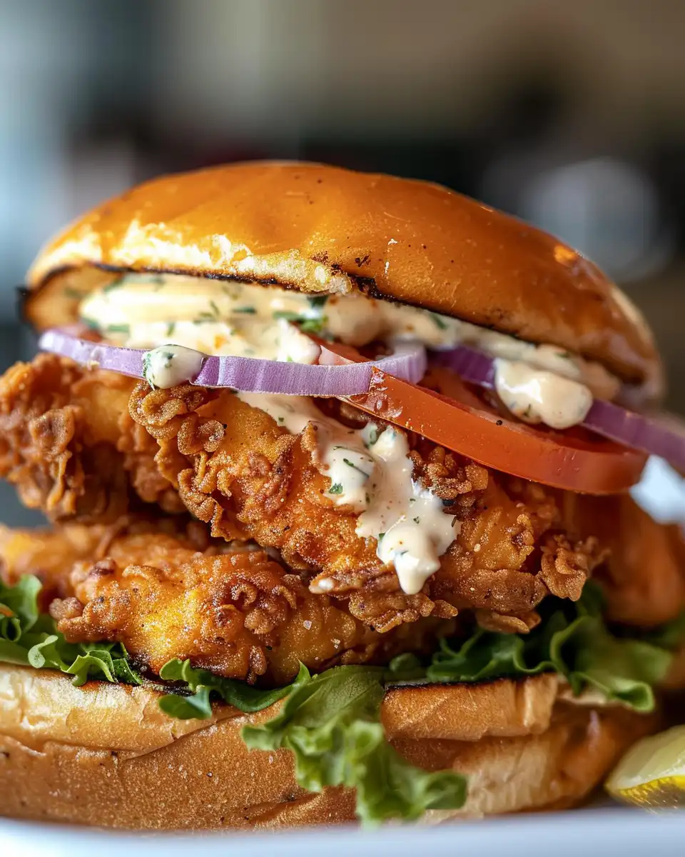 Close up of Cajun crispy chicken sandwich with garlic aioli