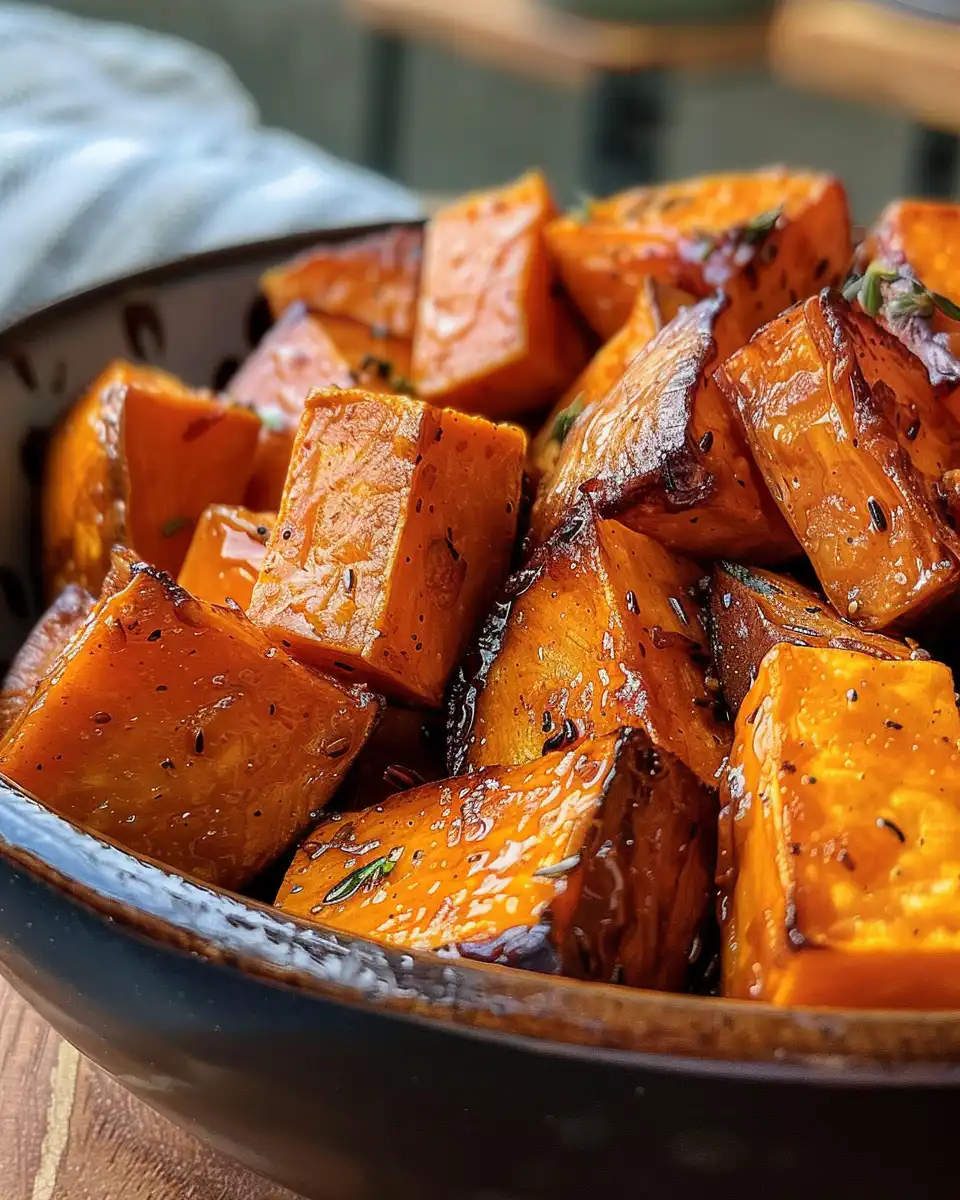 Serving plate of finished candied sweet potatoes with caramel glaze