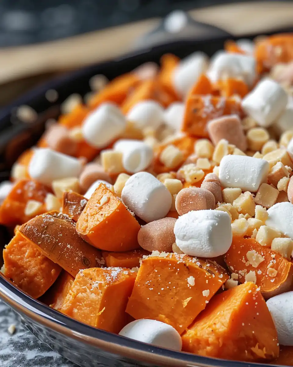 Golden brown toasted marshmallows topping candied sweet potatoes ready to serve