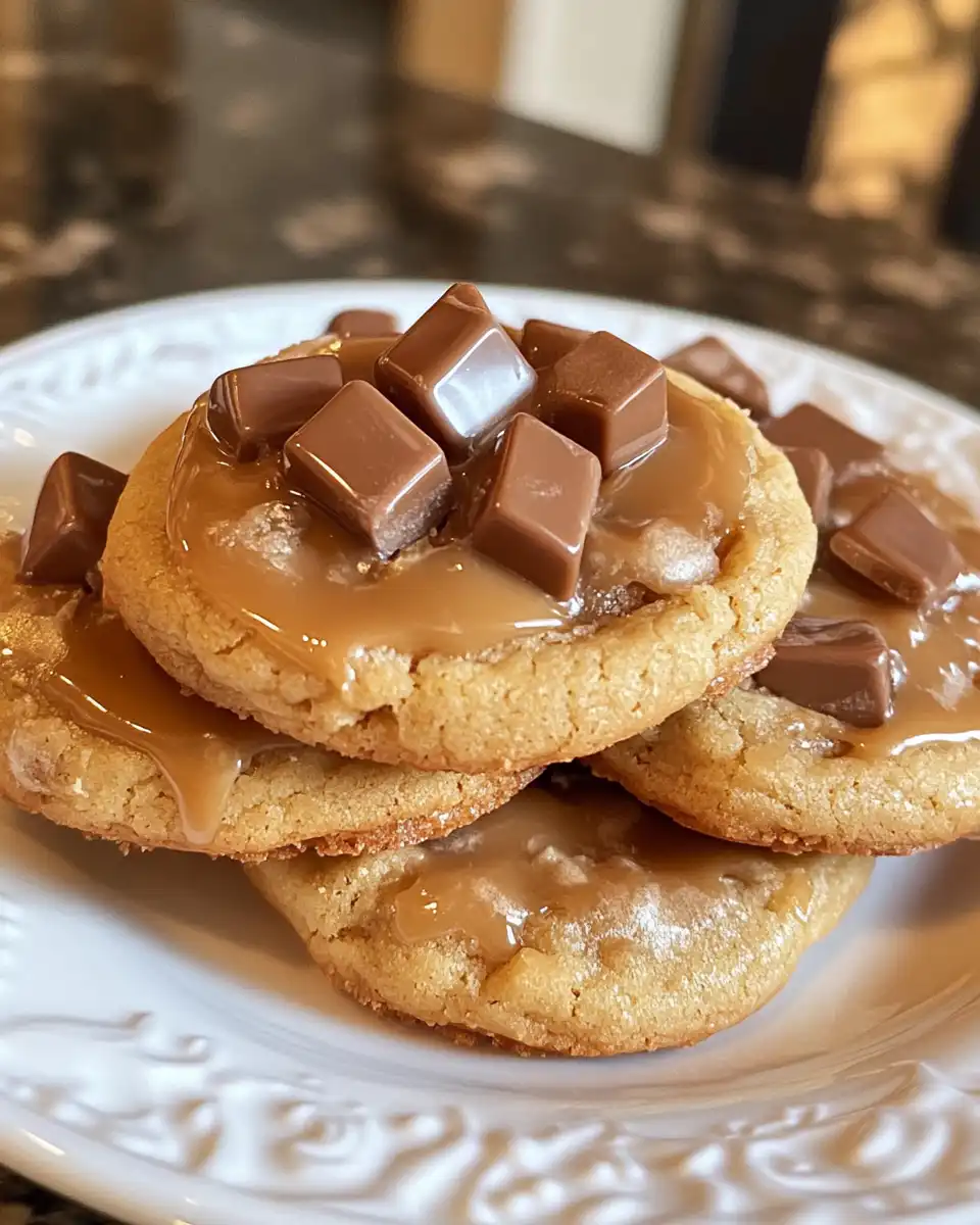 Fully baked caramel cheesecake cookies displayed on plate