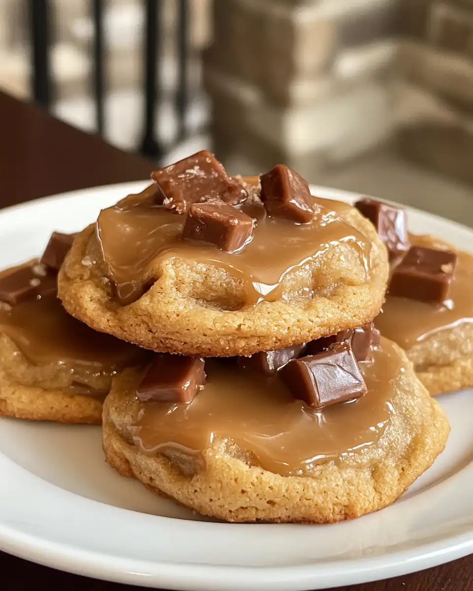 Freshly baked caramel cheesecake cookies cooling on rack