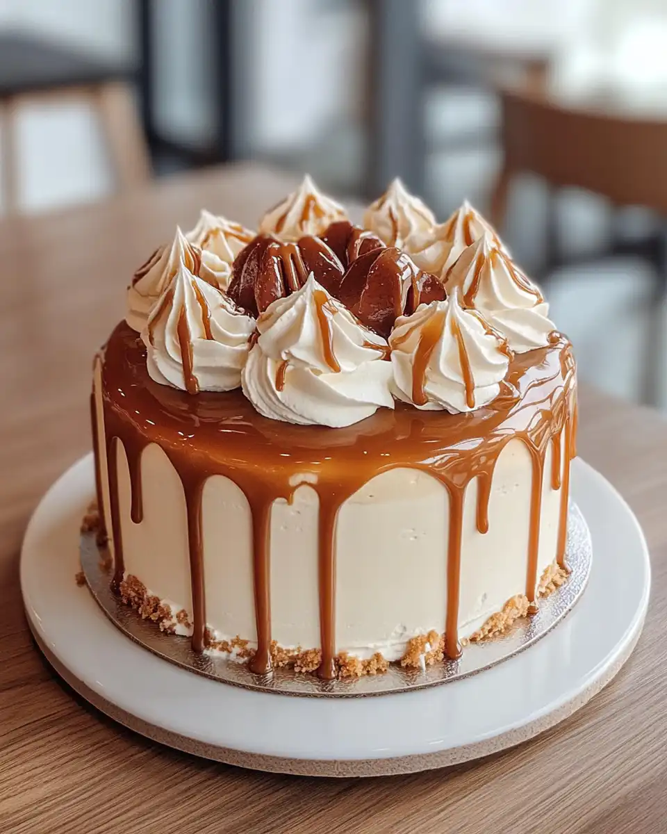 Slice of caramel cloud cake showing layers of caramel and coconut