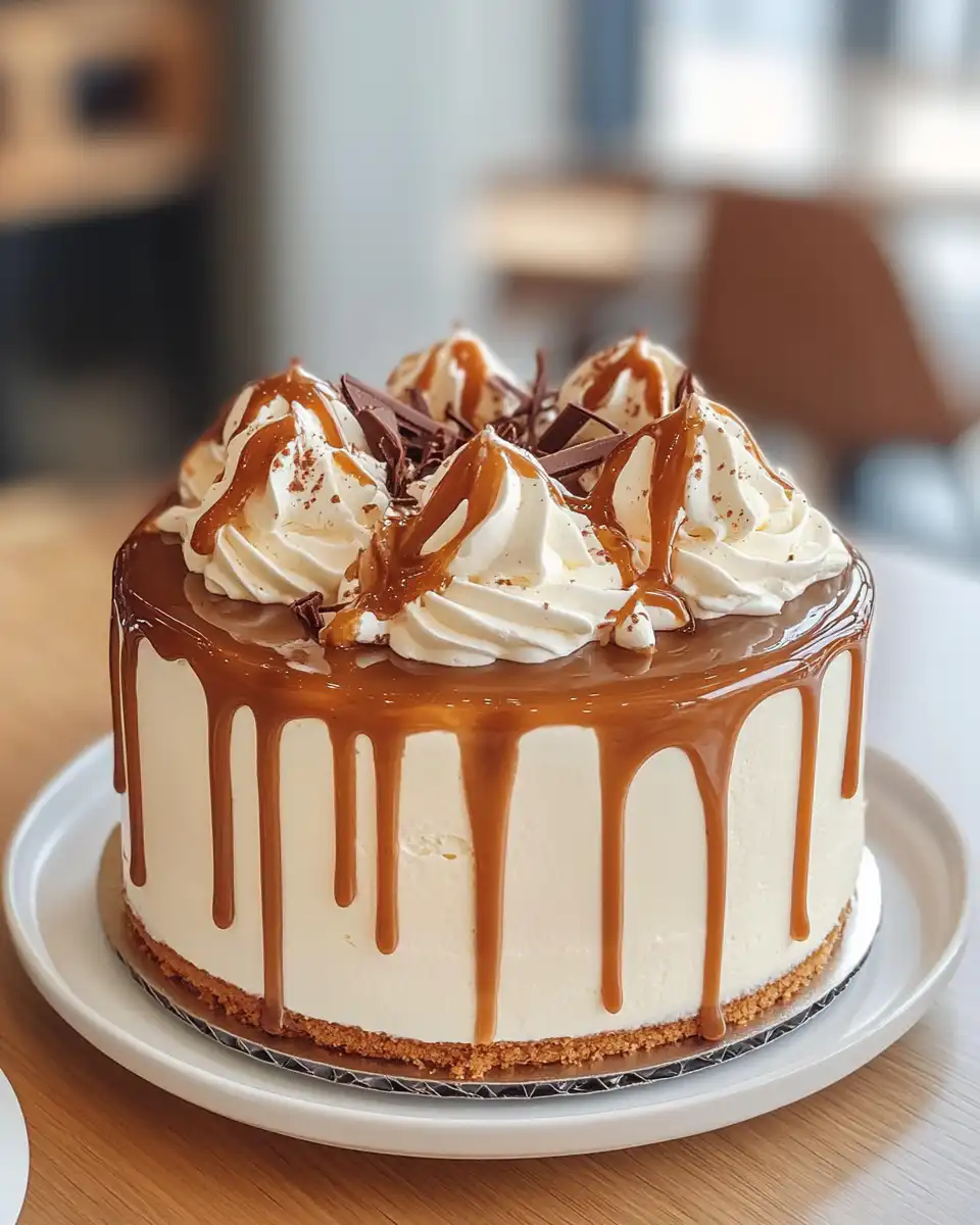 Close up of caramel cloud cake with caramel and coconut layers