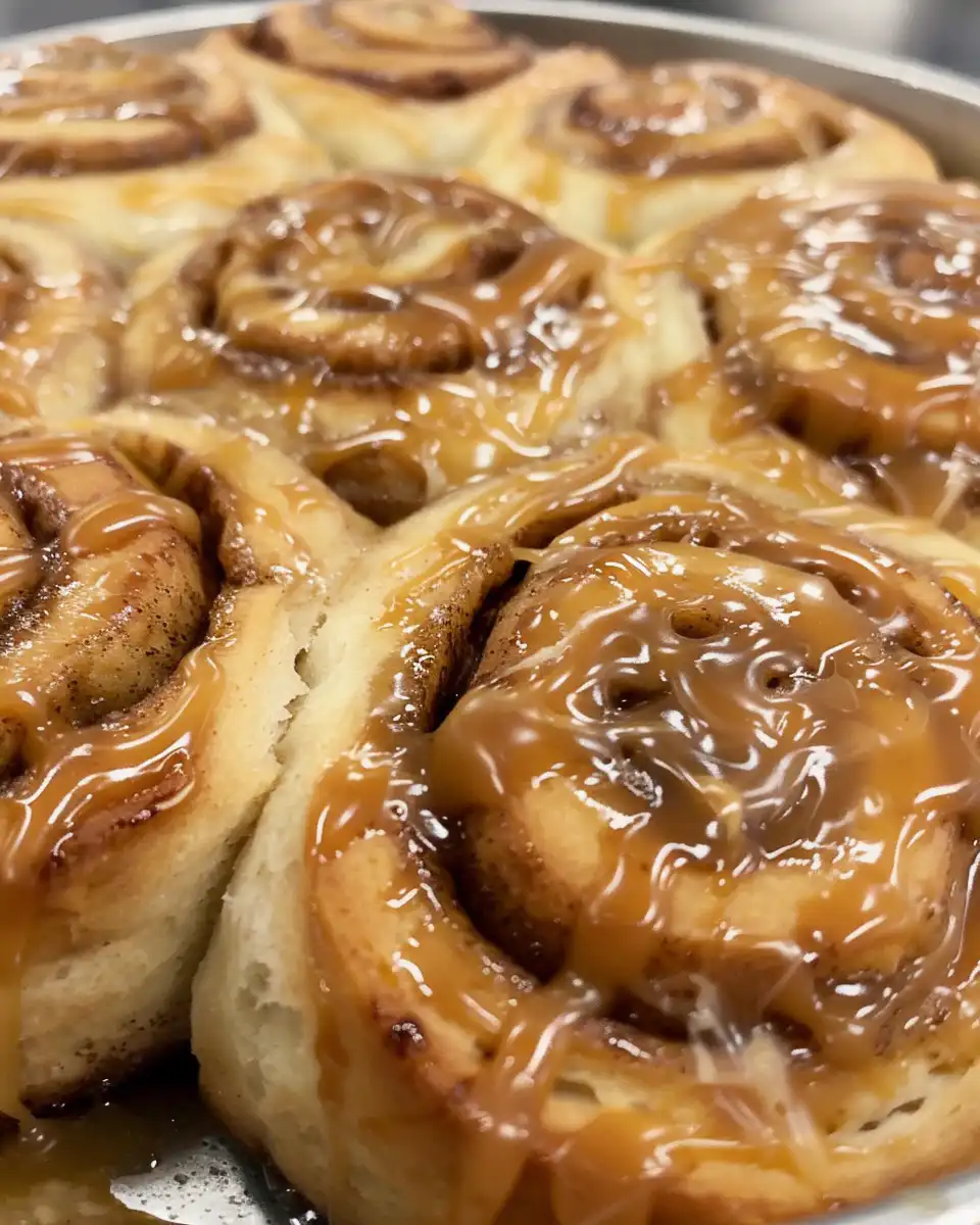 Close up of frosted salted caramel espresso cinnamon rolls