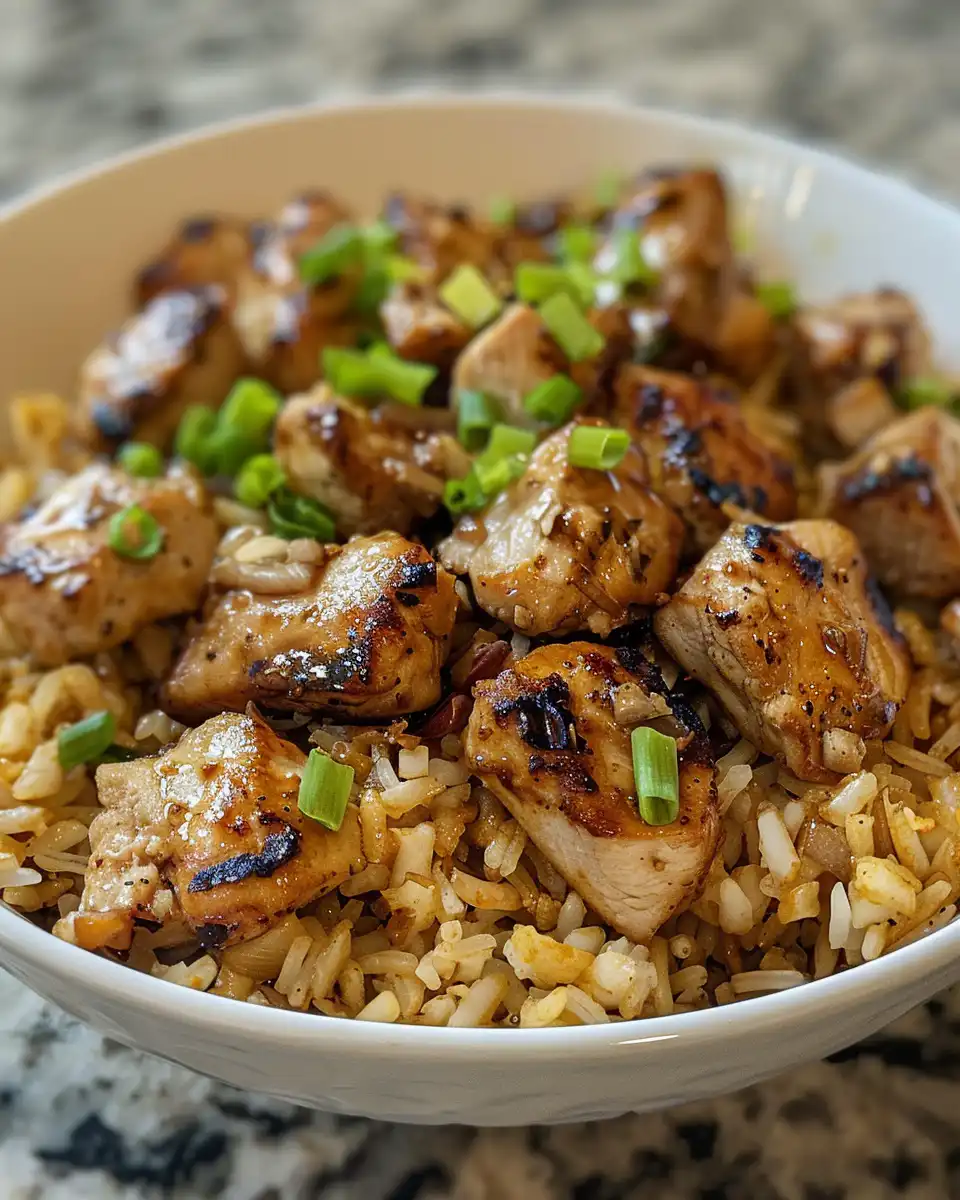 Plated Caribbean jerk chicken and rice with lemon and green onions garnish