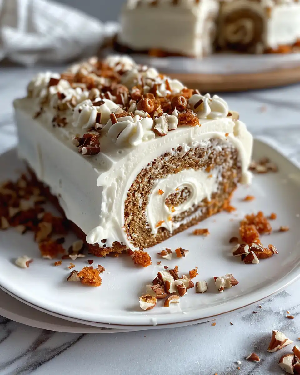 Sliced carrot cake roll with creamy frosting served on plate