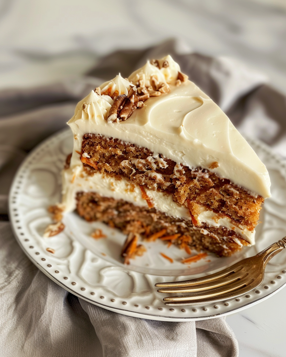 A slice of pressure cooker carrot cake served on a plate with garnishes