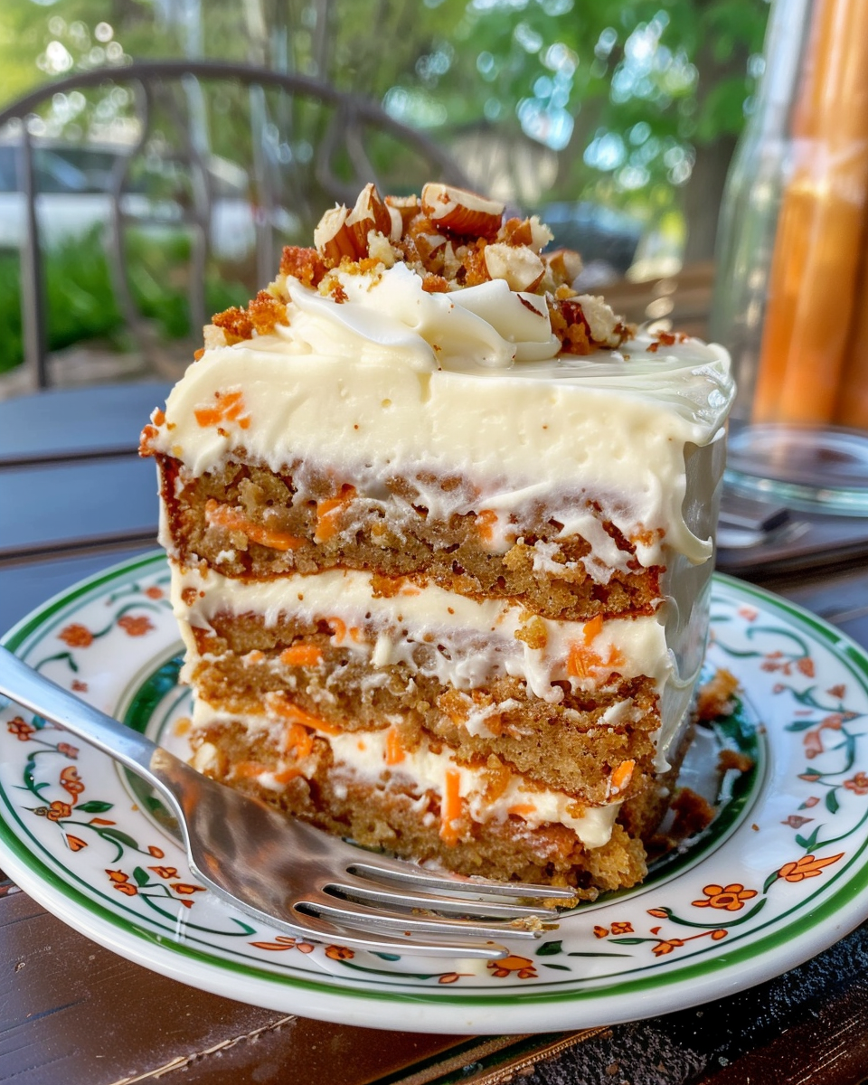 Slice of pressure cooker carrot cake with cream cheese frosting on plate