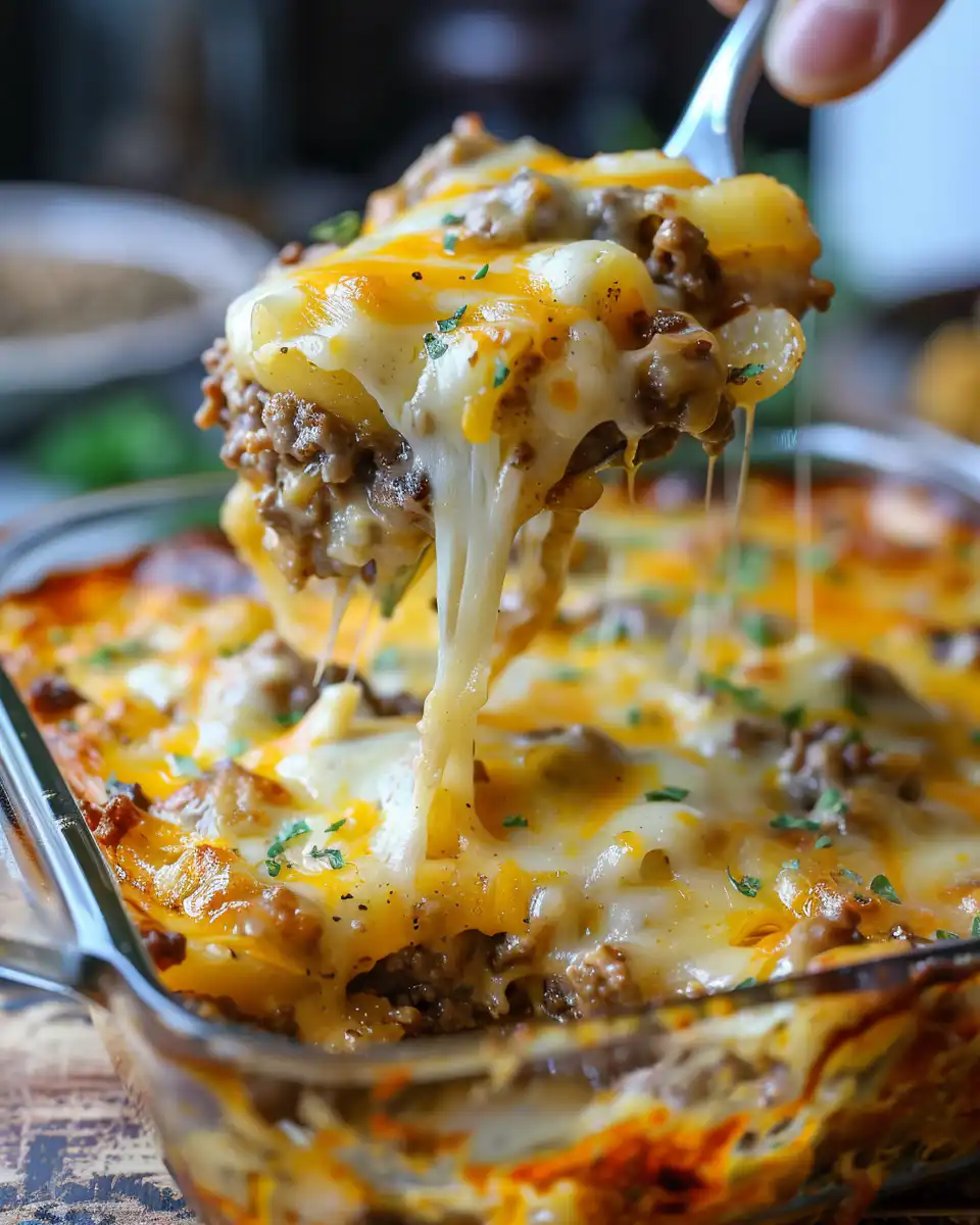 Cheesy baked casserole topped with melted cheddar cheese cooked in pressure cooker