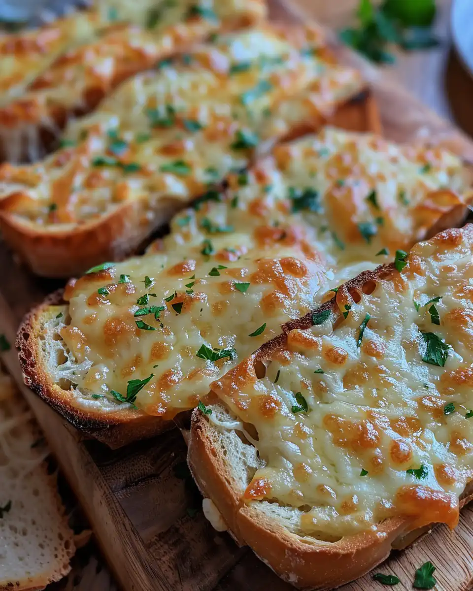 Final cheesy garlic bread served with fresh parsley garnish