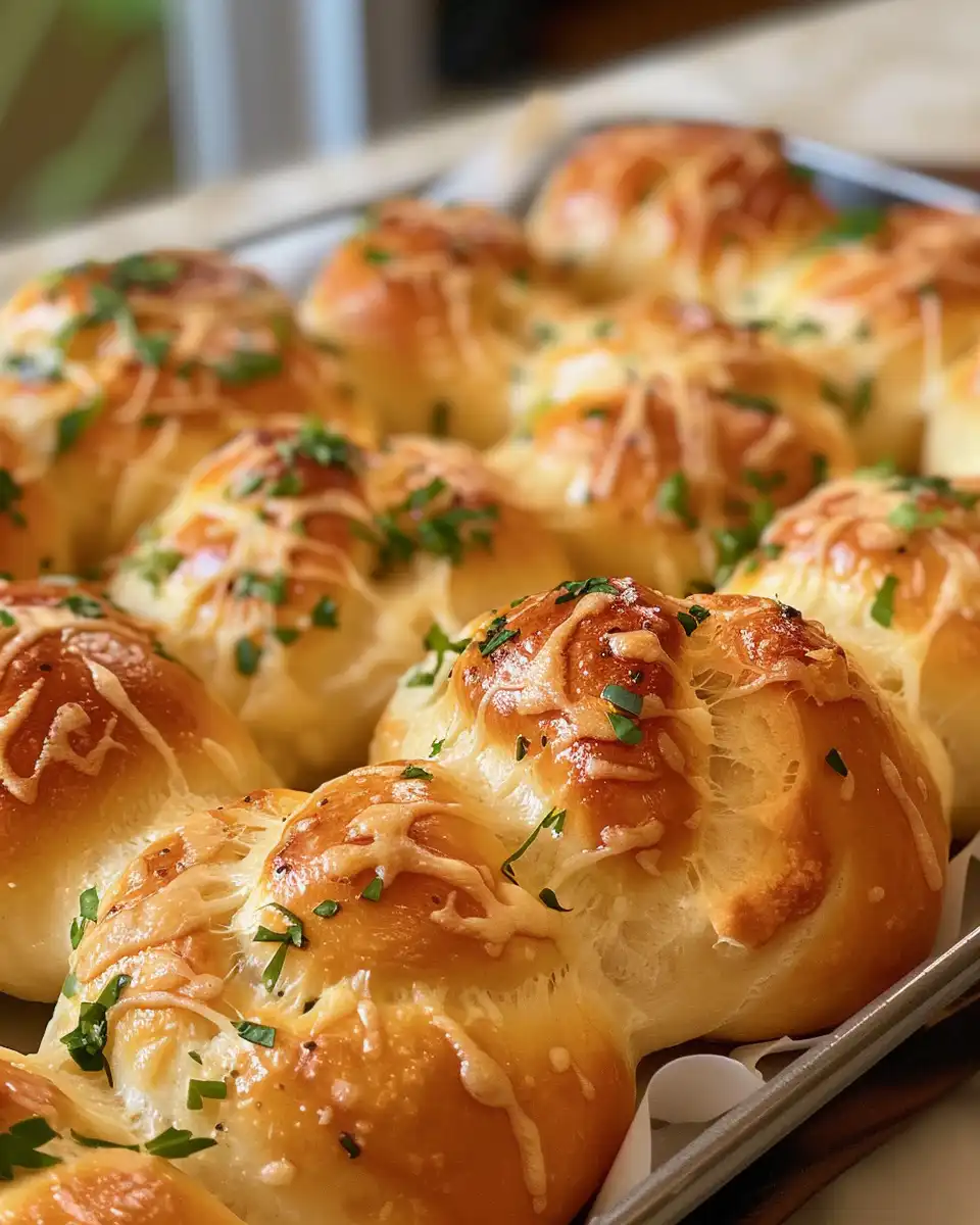 Golden baked cheesy garlic knots finished and served