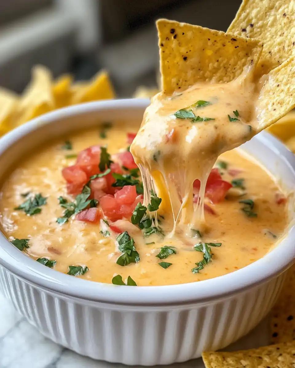 Fresh cheesy Rotel ranch queso served warm in a bowl