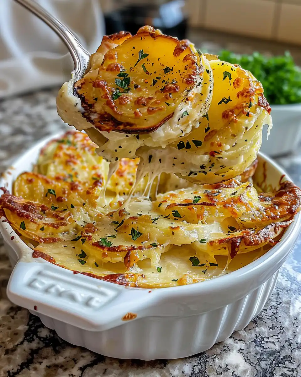 Final golden cheesy scalloped potatoes ready to serve