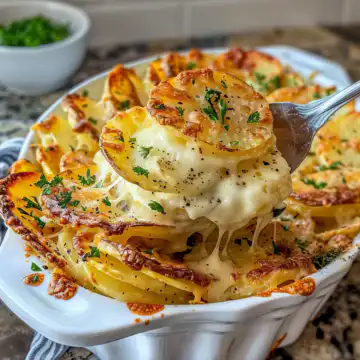Cheesy scalloped potatoes taken with iphone 15 pro max --iw 2 --ar 4:5 --v 6.0 --raw